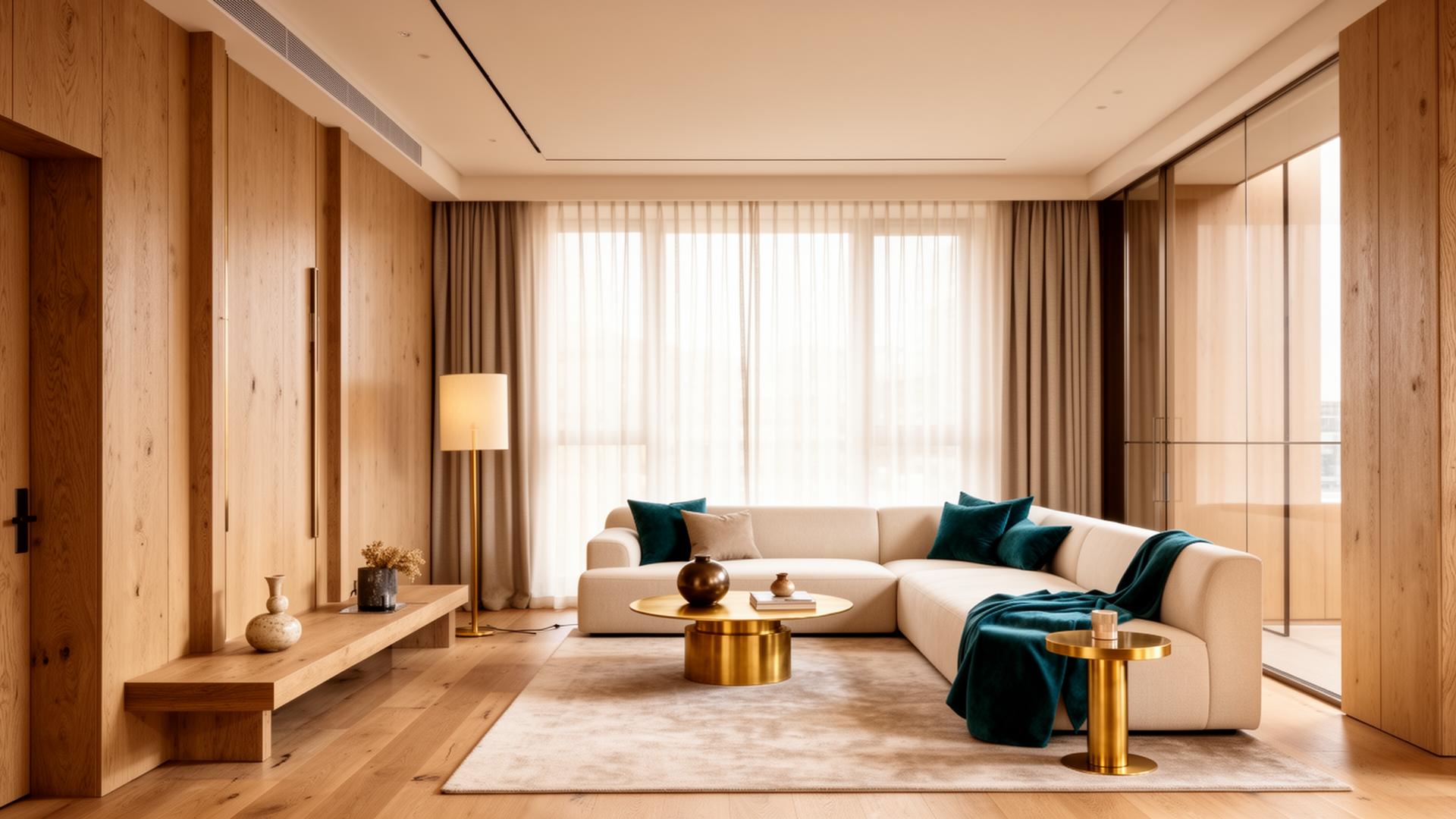 Warm modern living room with teal accents